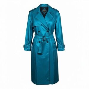 Vintage 80s British Mist Teal Metallic Belted Trench Coat Buttons Blanket Lined